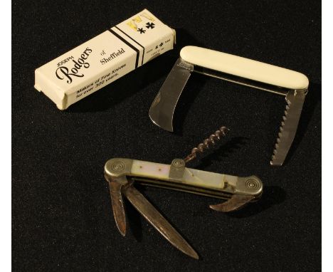 A Victorian mother of pearl multi-tool pocket knife; a Joseph Rodgers folding garden knife (2) 