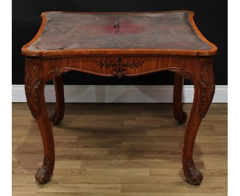 A Louis XVI design shaped square writing or card table, hipped incurve top, serpentine apron inlaid with trailing stems, cabr