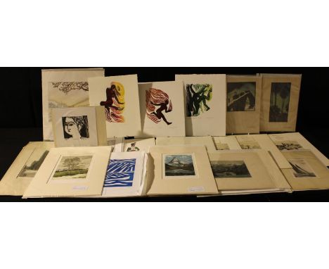A collection of unmounted linocut prints, etchings and woodcut prints, comprising Evening At Gaza and The Retreat from Serbia
