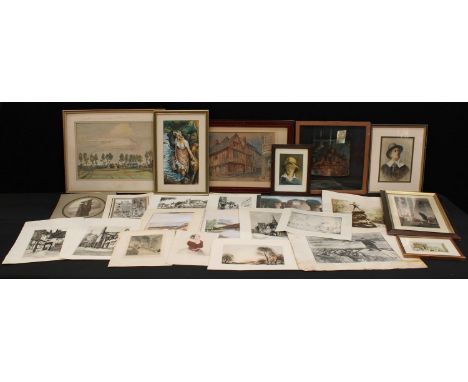 Pictures and Prints - Continental School, Hay Ricks, watercolour, 26.5cm x 35.5cm; other watercolours, Rue la Bourres, Portra