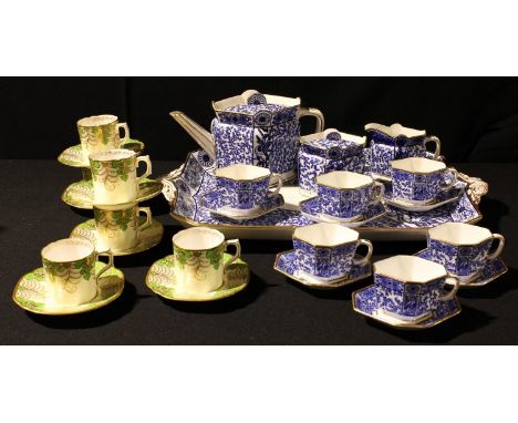 A 19th century Staffordshire Bishop &amp; Stonier aesthetic blue and white pattern tea service for six; a set of six Royal Cr