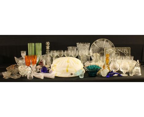 Glassware - a 1940's mottled glass ceiling lamp shade; glassware including drinking glasses; dressing table sets, etc, qty 