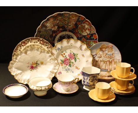 Ceramics - a Royal Crown Derby Derby Days shaped circular plate, first quality; a Vine navette shaped dish; others, tea cups 