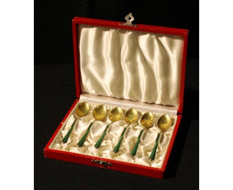 A set of six Danish silver gilt and enamel coffee spoons, marked Sterling 925, cased 