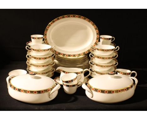 A Royal Crown Derby Ambassador part dinner and tea service comprising dinner plates, salad plates, soup bowls and stands, tea