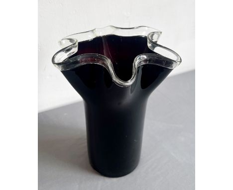 A Murano-style dark-red and clear glass handkerchief vase - the deep ruby red glass trumpet-shaped vase with clear handkerchi