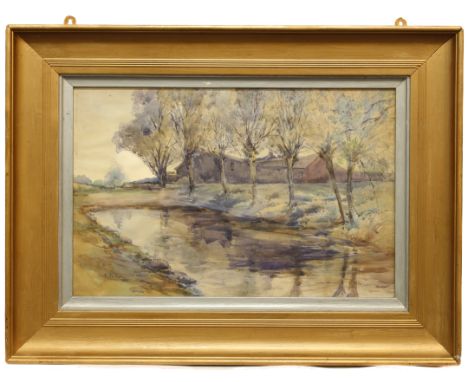 Ernest R. Fox NEA (British, exh. 1883-1919) River landscape with farm buildings and pollarded willows watercolour, signed and