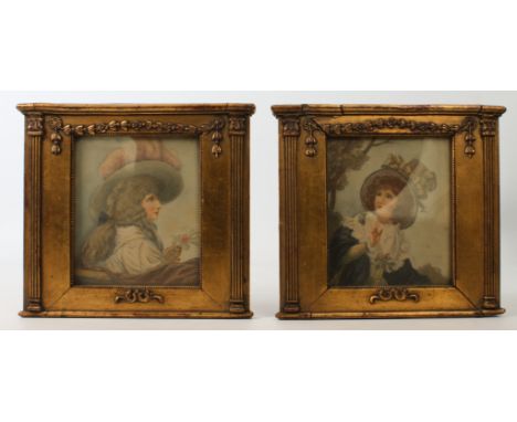 A pair of 18th century stipple engravings by F. Bartolozzi in decorative gilt frames - the hand-coloured engravings of fashio