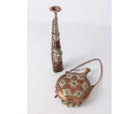 A Turkish copper, brass and white metal powder flask - 20th century, drum-shaped with cylindrical nozzle and foliate pendant 