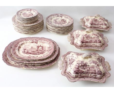 A Masons Patent Ironstone part dinner service - early 20th century, transfer decorated in dark red with a designs of ruins in