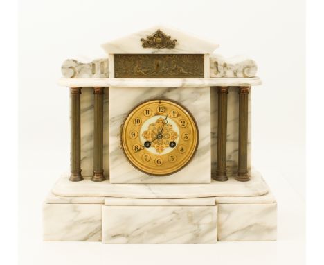 A French&nbsp;white marble eight-day mantel clock - circa 1900, the 10.5 cm ivory enamel and gilt-metal dial with Arabic nume