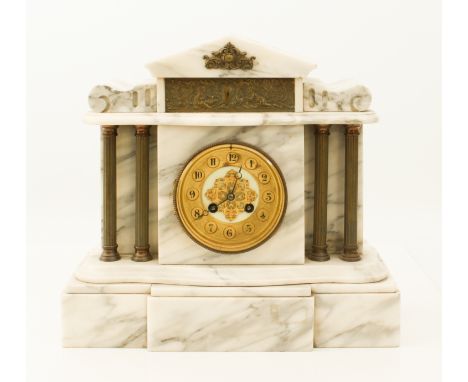 A French&nbsp;white marble eight-day mantel clock - circa 1900, the 10.5 cm ivory enamel and gilt-metal dial with Arabic nume