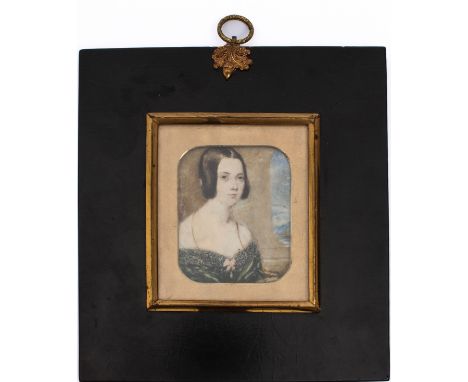 English School (mid-19th century) - a portrait miniature of a lady, watercolour on ivory, wearing a low-cut, off the shoulder