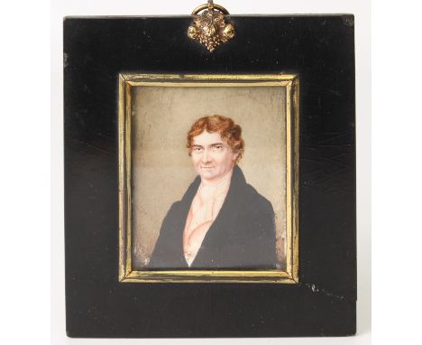 A 19th century portrait miniature of a gentleman on ivory within a square black frame and glazed. Ivory Registration&nbsp;GLW