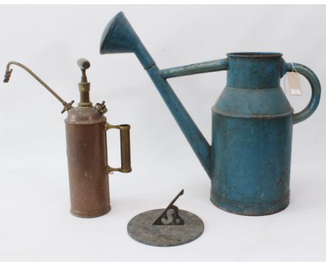 A large vintage painted tin watering can - early 20th century, with rose, 52 cm high; together with a vintage copper and bras
