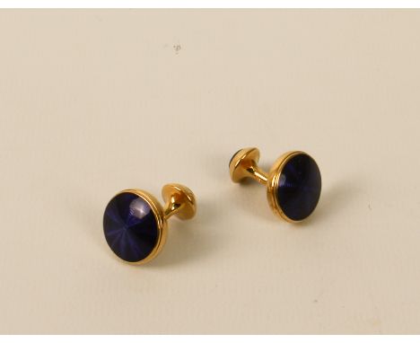 A pair of Mont Blanc gold-plated and enamel cufflinks - with dark-blue guilloche enamel faces, 16 mm diameter.* In good condi