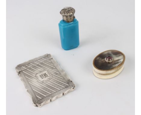 A small group to include a silver card case with 1867 Birmingham hallmark, a small oval 19th century horn snuff box set with 