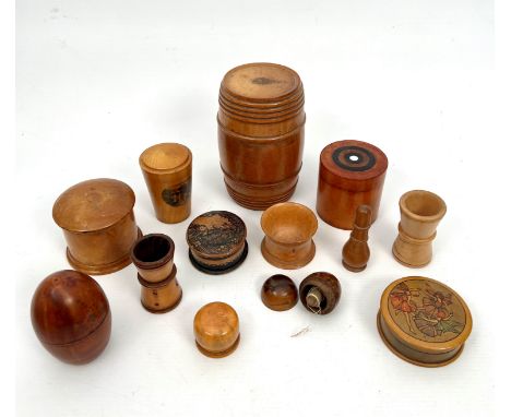 A group of thirteen items of Treen - 19th and first half 20th century, including a large barrel-form wool box, 13/9 cm high; 