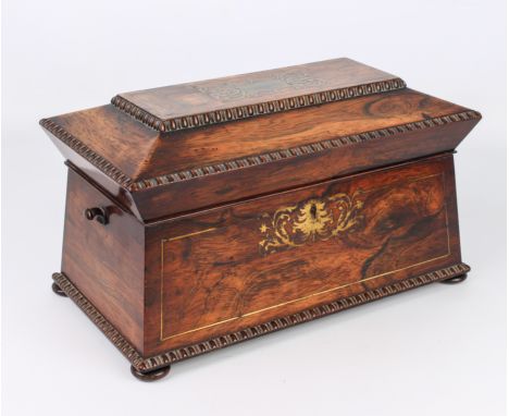 A William IV brass inlaid rosewood tea caddy by Farthing of 42 Cornhill, London - of large proportions, sarcophagus form, wit