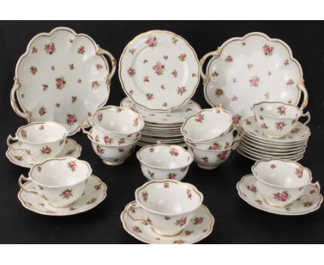 A vintage Crescent &amp; Sons China pink rose decorated part tea service for twelve - pattern no. 17837, with scalloped rims,