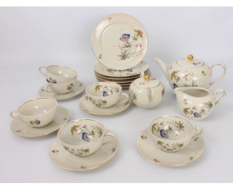 A German porcelain tea service by Rhenania of Duisdorf - 1950s-60s, comprising a teapot, two handled covered sugar bowl, milk