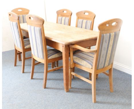 A pine farmhouse table and chairs - the five-plank top raised on square tapered legs (LWH 170.5 x 80.5 x 73 cm); with a set o