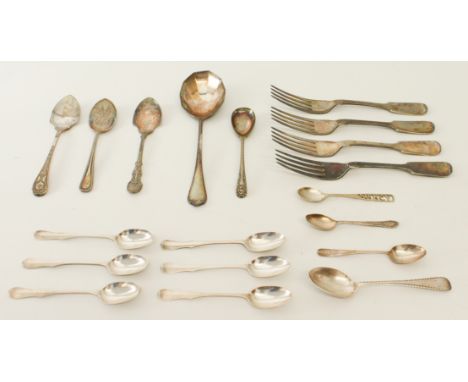 A small group of silver and silver-plated flatware. The silver comprising: 1. a set of six Hamilton & Inches teaspoons, Edinb