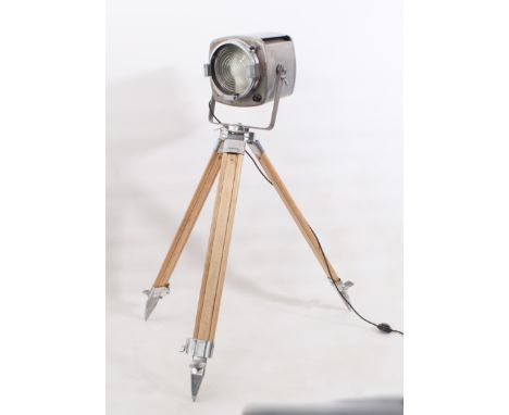 A film-studio-style tripod floor-standing lamp - the mid-20th century gunmetal grey painted theatre lamp head by 'Strand Elec