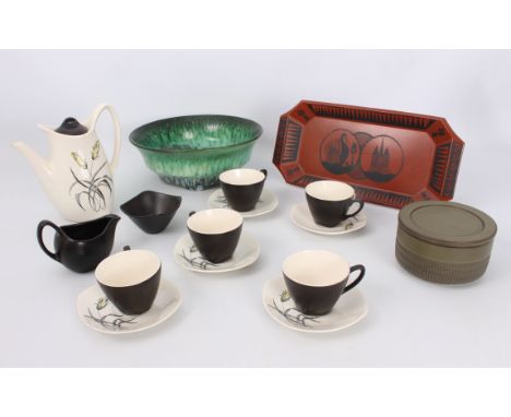 A group of retro 1960s-70s pottery - including a Swedish Upsala-Ekeby bowl in a marbled green glaze, printed factory marks an