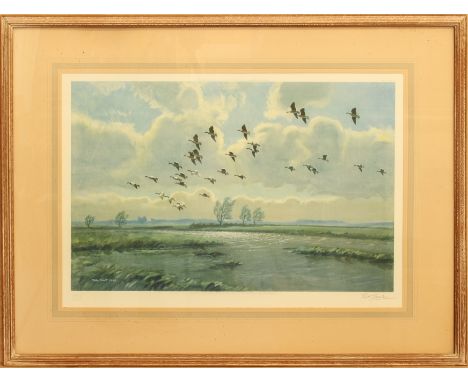 Peter Scott (British, 1909-1989) Geese in flight over salt marshes limited edition colour lithograph, signed in pencil lower 