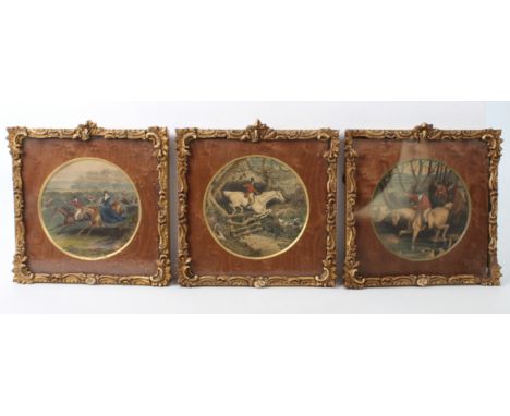 A set of three 19th century hand-coloured miniature engravings - hunting subjects, circular, eng. by T. A. Prior, 9.7 cm diam