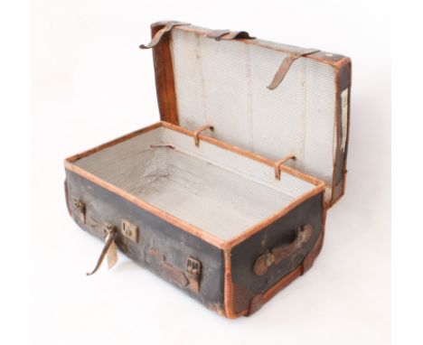 A vintage black-painted canvas and tan-leather steamer trunk - early 20th century, by J. H. Pontifex Trunk Maker, with blue s