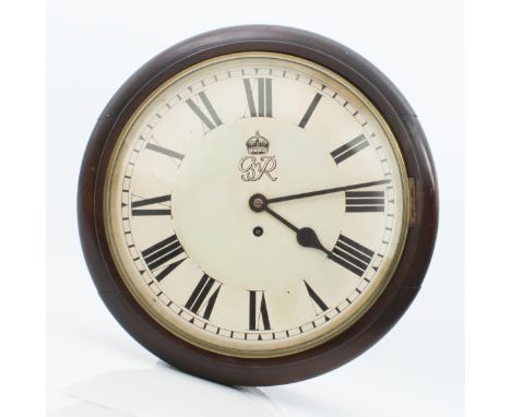A F.W. Elliott mahogany Post Office wall clock - the single fusee movement with signed back-plate, also stamped '1939' and nu