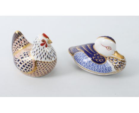 Two Royal Crown Derby paperweights - one a mandarin duck, the other a hen, both first quality and with gold stoppers, the duc