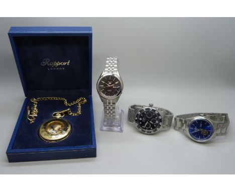 A Rapport pocket watch and chain and three wristwatches - two Rotary and a Seiko 5 Day Date Automatic wristwatch, French