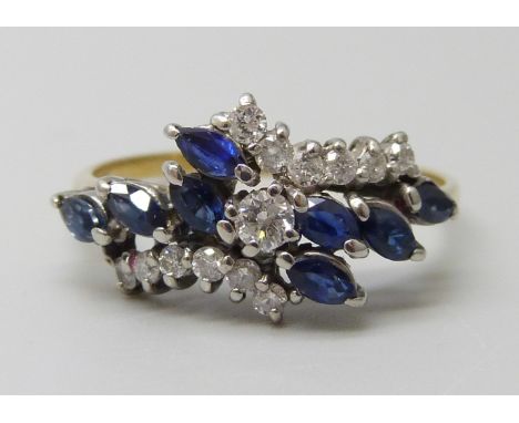 A vintage gold, sapphire and diamond cluster ring,  hallmarks worn but crown visible, 2.6g, R