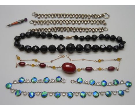 Vintage jewellery - Three white metal bracelets lacking clasps, a sherry amber bead necklace, a white metal paste set necklac