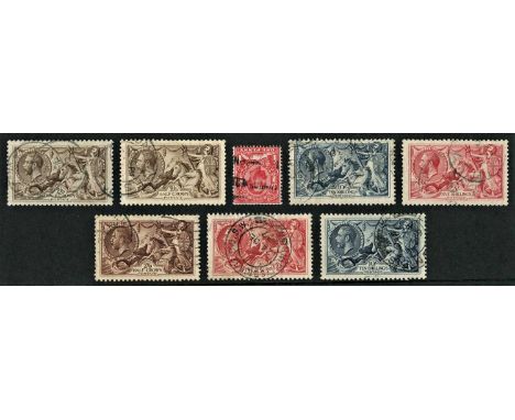 King George V 'seahorses' group, all cds used, with 1918-19 Bradbury Wilkinson 2/6d shades, 5/- and 10/- and the 1934 re-engr