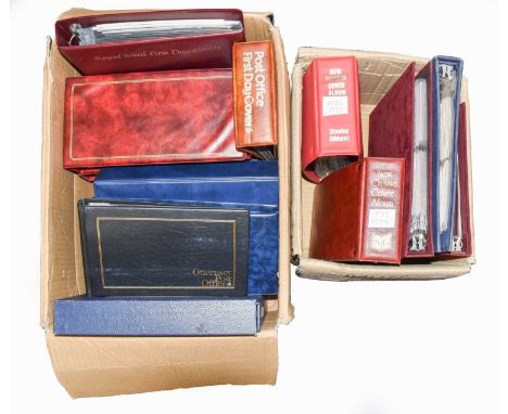 A large and small box with about 14 cover albums, FDCs of 1970s-1990 with presentation packs running along side, as well as s