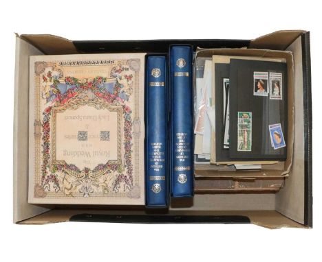 A large box with seven albums and loose. Includes four volume 1981 wedding collection, well-filled with lots of booklets, plu