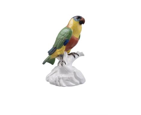 A 19TH CENTURY PAINTED PORCELAIN MODEL OF A PARROT21cm tall