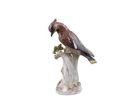 A 19TH CENTURY MEISSEN PAINTED PORCELAIN MODEL OF A RARE WAX WING,standing on a tree stump with foliage, with unglazed blue c