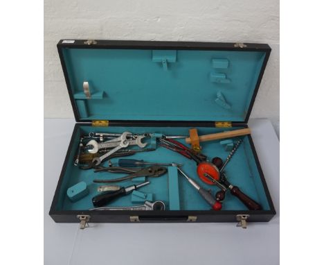 WOODEN TOOL BOX
designed as an attaché case with a lift up lid revealing a fitted interior, with a selection of tools