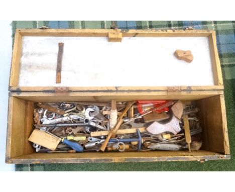 VINTAGE PAINTED TOOL CHEST
with a lift up lid revealing a selection of tools including files, spanners, plumb line and screwd