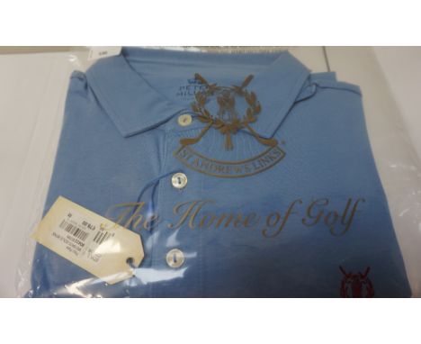 GOLFING INTEREST - NEW AND UNUSED PETER MILLAR MOUNTAINSIDE ST ANDREWS LINKS POLO SHIRT
in Seaside Wash light blue, with red 