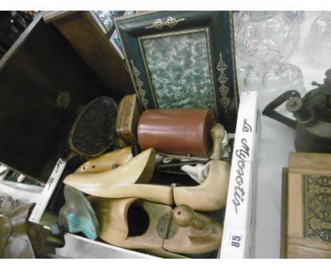 A BOX OF ASSORTED ITEMS INCLUDING FRAMES AND COBBLERS TOOLS