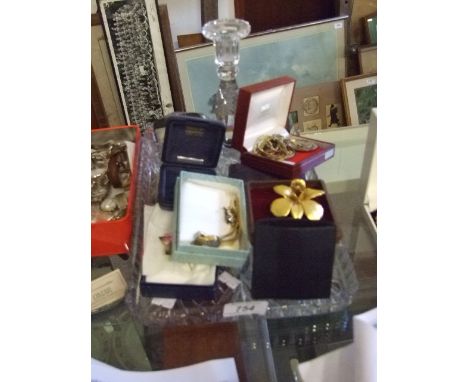 GLASS TRAY, CANDLESTICK, LADIES WATCH, COSTUME JEWELLERY ETC