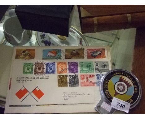 FIRST DAY COVERS AND ARABIC BEAULAH UMM SAID METAL CAR BADGE 