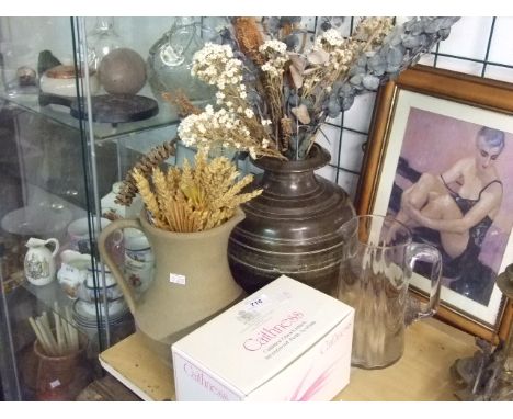 METAL VASE, EARTHENWARE VASE, CAITHNESS CRYSTAL AND GLASS WATER JUG