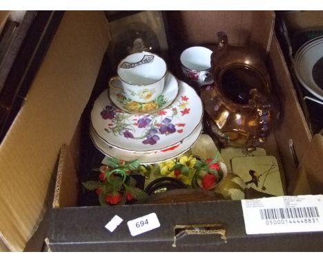 BOX OF CHINA, BAROMETER, PICTURE FRAMES ETC